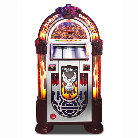 ROCK-OLA BUBBLER HARLEY-DAVIDSON FLAMES CD JUKEBOX BRUSHED ALUMINUM - Prime Arcades Inc